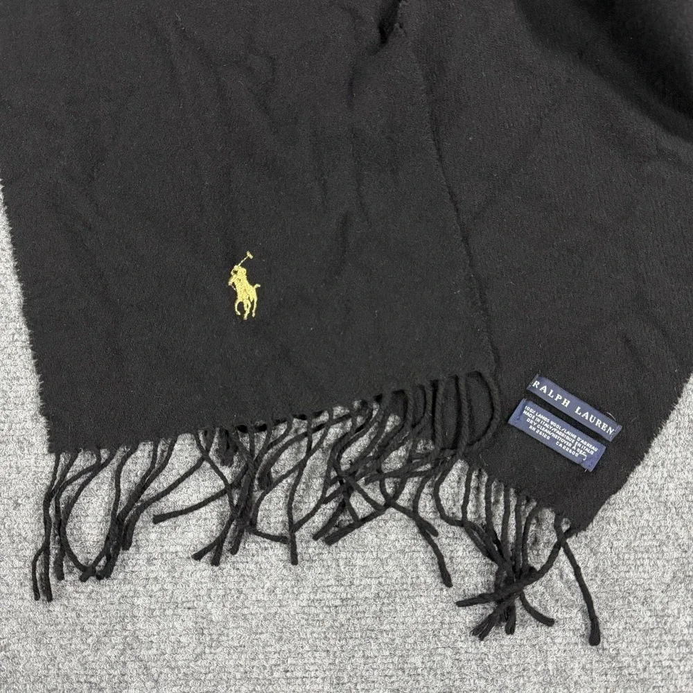 Vintage‎ Polo Ralph Lauren Lambs Wool Scarf Black Tassel Fringe Pony Italy